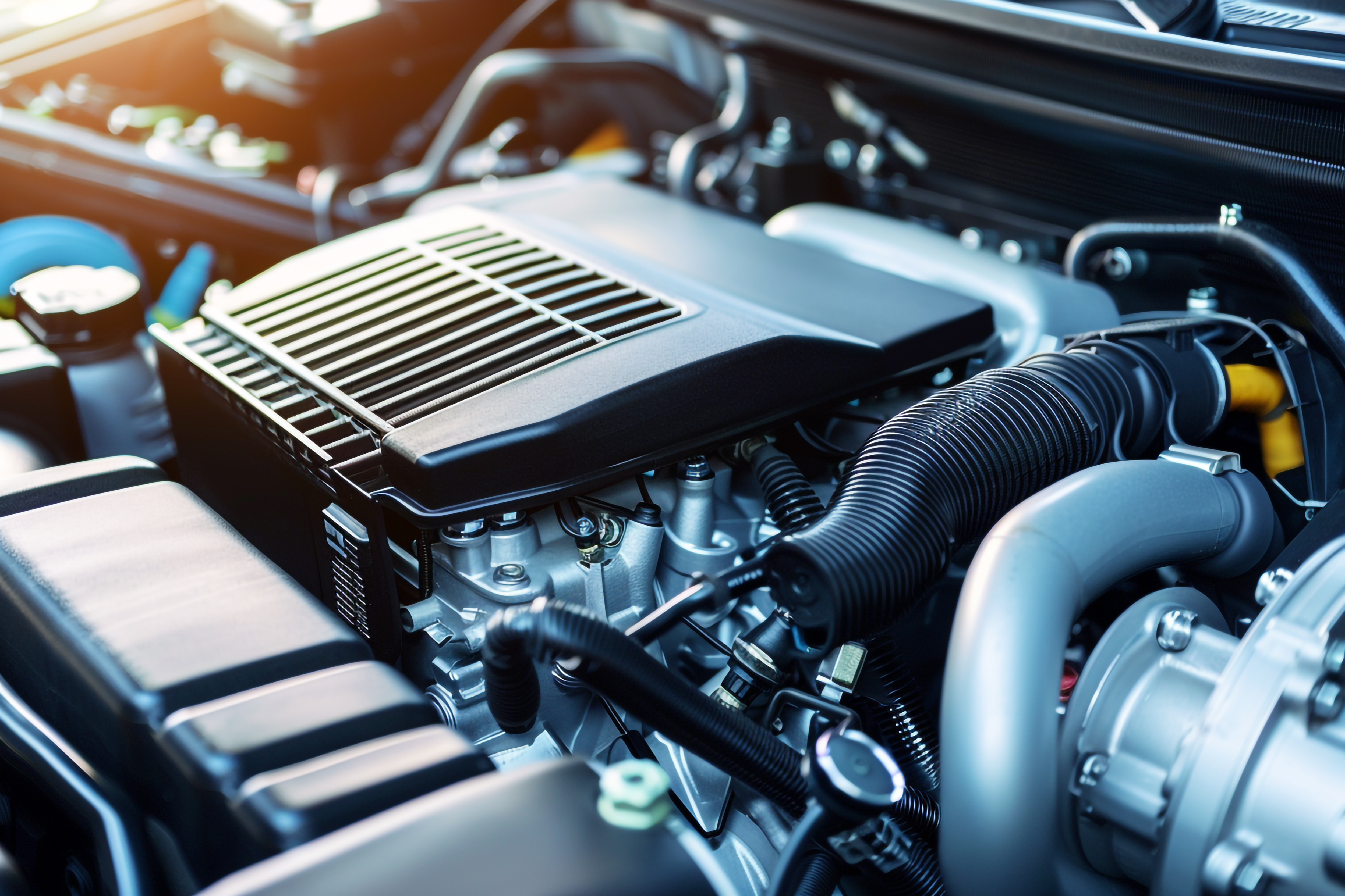 Automotor mit Luftfilterkasten und Ansaugschlauch
